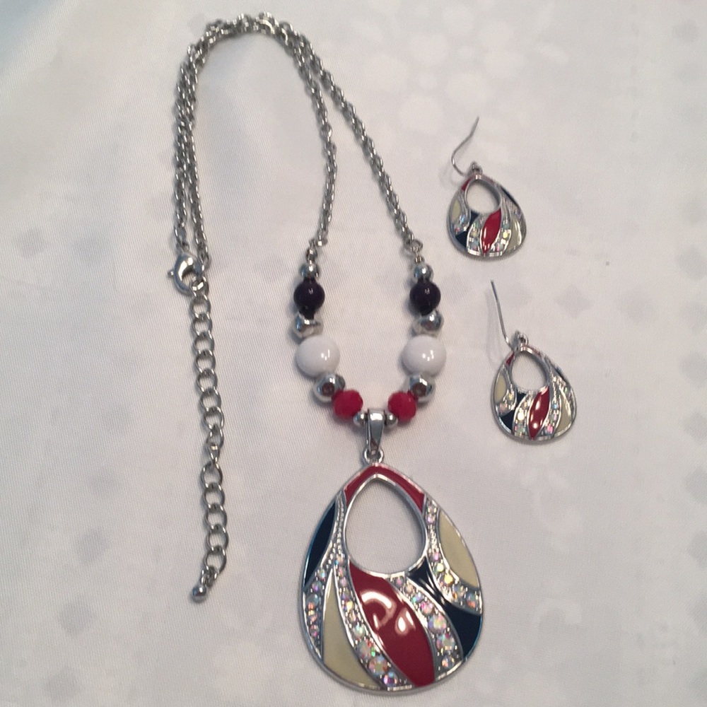Red White and Blue 3 Piece Crystal Laced Necklace Earring Set